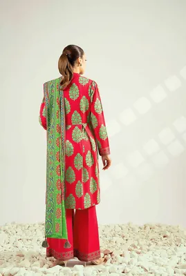 Red Printed 3-Piece Dobby Lawn Suit for Women thumbnail 2