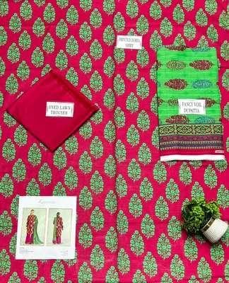 Red Printed 3-Piece Dobby Lawn Suit for Women thumbnail 3