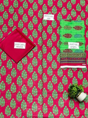 Red Printed 3-Piece Dobby Lawn Suit for Women thumbnail 4