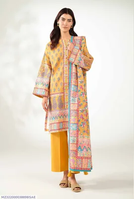 Yellow Printed Dobby Lawn 3Pcs Women Suit Set thumbnail 1