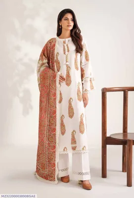 Off White Printed 3Pcs Dobby Lawn Suit for Women