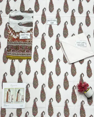 Off White Printed 3Pcs Dobby Lawn Suit for Women thumbnail 3