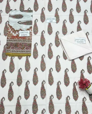 Off White Printed 3Pcs Dobby Lawn Suit for Women thumbnail 4