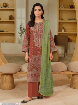 Brown Printed 3-Piece Dobby Lawn Suit Set for Women thumbnail 1