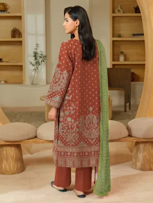 Brown Printed 3-Piece Dobby Lawn Suit Set for Women thumbnail 2