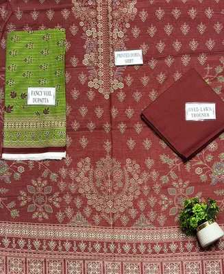 Brown Printed 3-Piece Dobby Lawn Suit Set for Women thumbnail 4