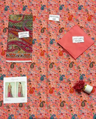 Peach Printed 3Pcs Dobby Lawn Suit for Women thumbnail 3