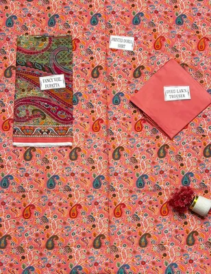 Peach Printed 3Pcs Dobby Lawn Suit for Women thumbnail 4