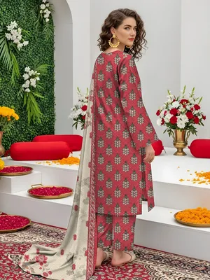 Women's 3-Piece Printed Lawn Suit Red thumbnail 2