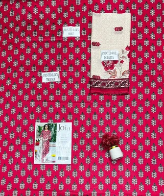 Women's 3-Piece Printed Lawn Suit Red thumbnail 3