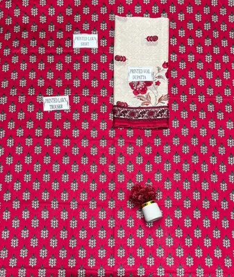 Women's 3-Piece Printed Lawn Suit Red thumbnail 4