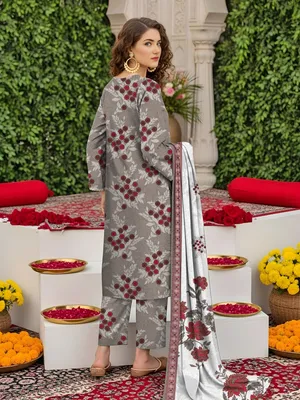 Women's 3-Piece Printed Lawn Suit Grey thumbnail 2