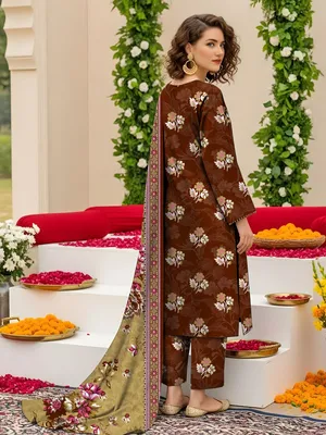 Women's 3-Piece Printed Lawn Suit Brown thumbnail 2