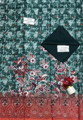 Women's Embroidered Lawn Suit Green Bakra Eid Party Wear Shirt Fabric thumbnail 4