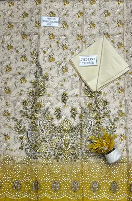 Women's Embroidered Lawn Suit Yellow Bakra Eid Party Wear thumbnail 4