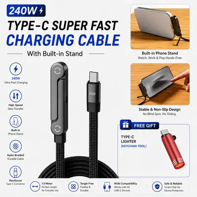 Cable 3 in 1 240W C to C Stand Cable Fast Charging Cable 