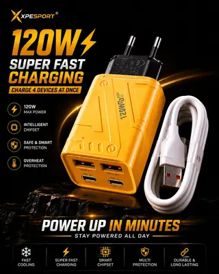 4 Port 120W Fast Charger Type C 3in1 Mobile Phone Power