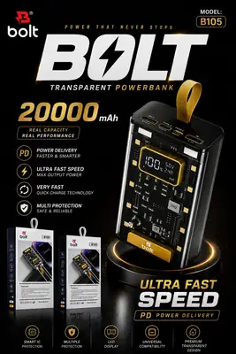 BOLT Power Bank 20000 mAh Fast Travel Charging, Two Usb Port