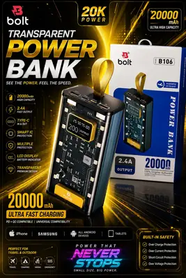 BOLT Power Bank 20000 mAh Fast Travel Charging, Two Usb Port