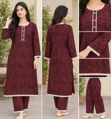 2 Pcs Women's Stitched Linen Block Printed Shirt And Trouser