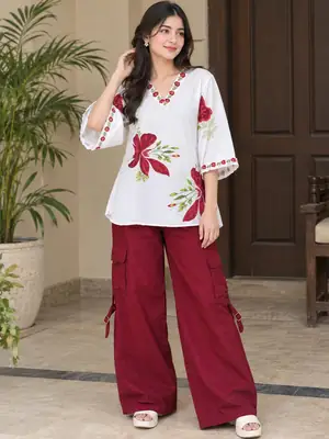 2 Pcs Women's Stitched Grip Printed Shirt And Trouser