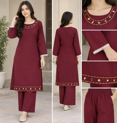 2 Pcs Women's Stitched mirror Linen Plain Shirt And Trouser