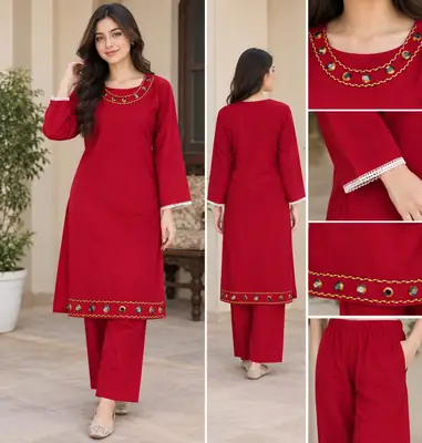 2 Pcs Women's Stitched mirror Linen Plain Shirt And Trouser