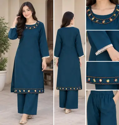 2 Pcs Women's Stitched mirror Linen Plain Shirt And Trouser
