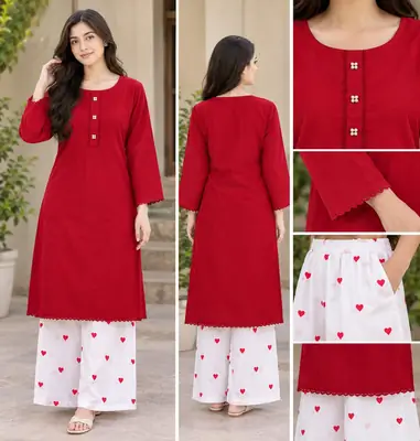 2 Pcs Women's Stitched Linen Plain Shirt And Trouser