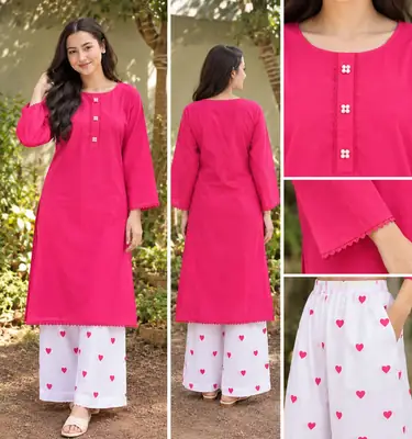 2 Pcs Women's Stitched Linen Plain Shirt And Trouser