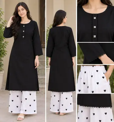 2 Pcs Women's Stitched Linen Plain Shirt And Trouser