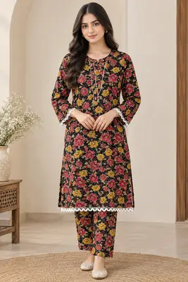 2 Pcs Women's Stitched  Printed Shirt And Trouser