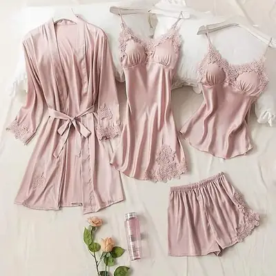 5 Pc Bridal Nightwear Set (Gown,Camisole,Shorts,Trouser)