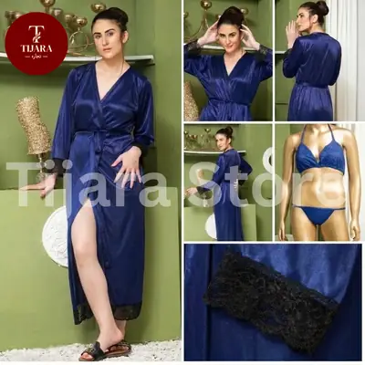 Jersey V-Neck 3-Piece Nightgown Set With Lace Work