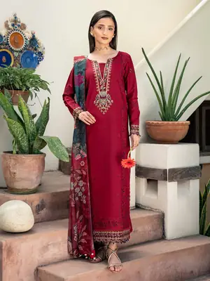 3 Pcs Women's Unstitched Embroidered Suit(HB)