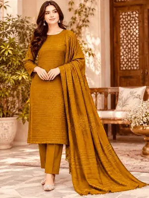 3 Pcs Women's Unstitched Zari Tilla Embroidered Suit(bf)