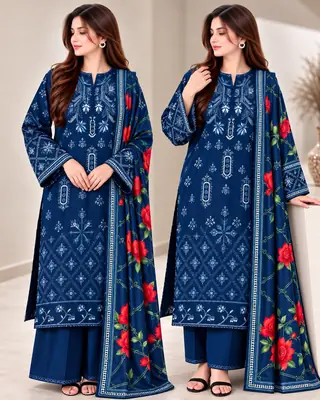 3 Pcs Women's Unstitched Embroidered Suit(nf)