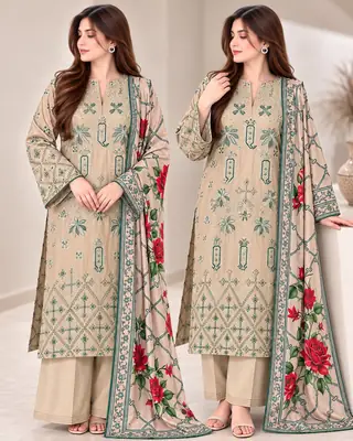 3 Pcs Women's Unstitched Embroidered Suit(nf)
