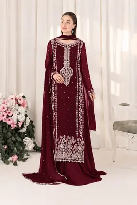 3 Pcs Women's Unstitched Embroidered Suit(skf)