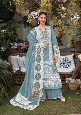 3 Pcs Women's Unstitched Chikankari Embroidered Suit(skf)