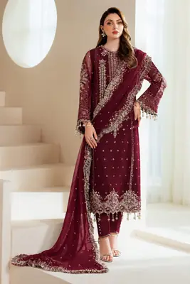 3 Pcs Women's Unstitched Hand Embroidered Suit(skf)