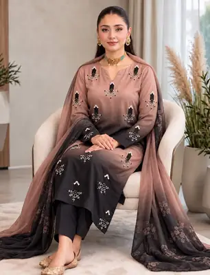 3 Pcs Women's Unstitched Hand Embroidered Suit(skf)