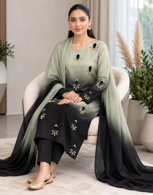 3 Pcs Women's Unstitched Hand Embroidered Suit(skf)