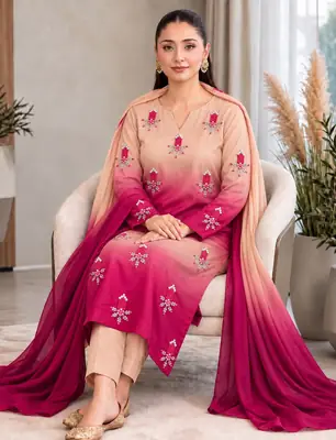 3 Pcs Women's Unstitched Hand Embroidered Suit(skf)