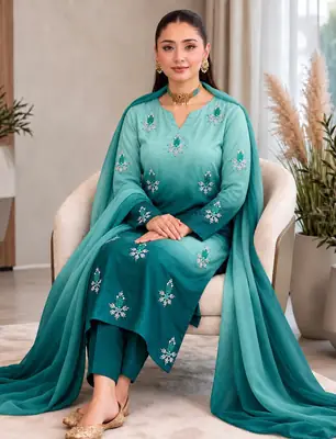 3 Pcs Women's Unstitched Hand Embroidered Suit(skf)