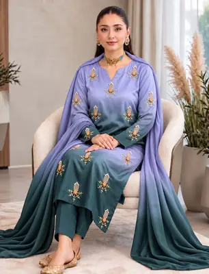 3 Pcs Women's Unstitched Hand Embroidered Suit(skf)