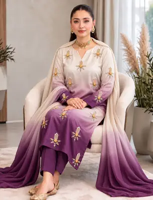 3 Pcs Women's Unstitched Hand Embroidered Suit(skf)