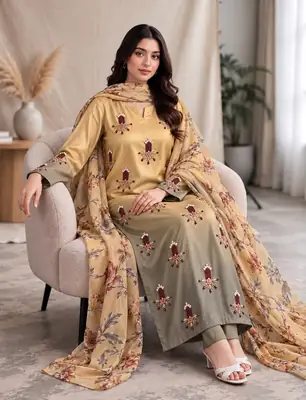 3 Pcs Women's Unstitched Hand Embroidered Suit(skf)