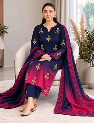 3 Pcs Women's Unstitched Hand Embroidered Suit(skf)