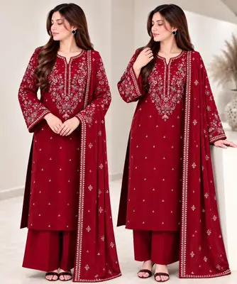 3 Pcs Women's Unstitched Embroidered Suit(n&f)